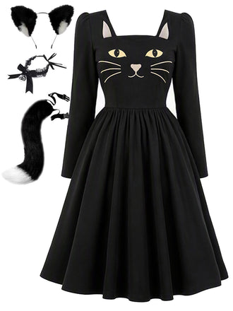 [Prévente] Ensemble robe noire à col carré et accessoires chat années 1950