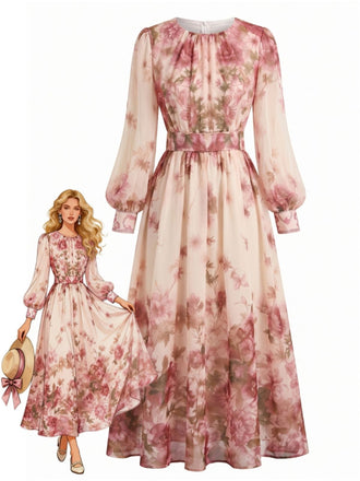 Robe rose en mousseline florale à manches lanternes années 1970