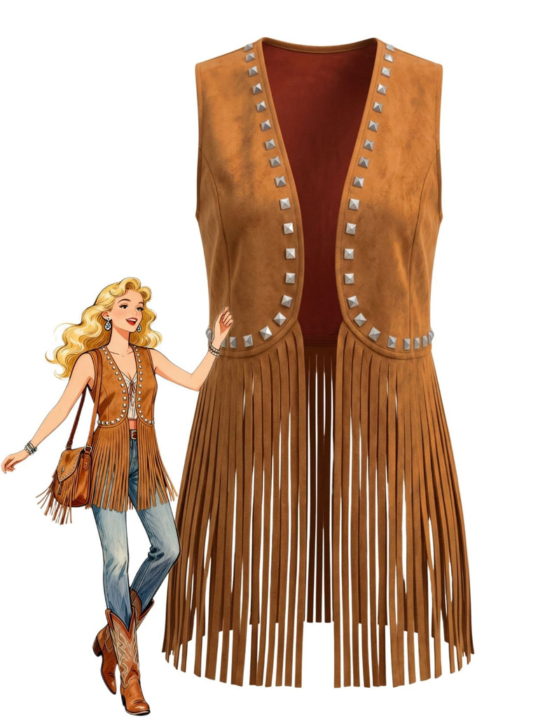 Gilet marron en daim à clous, franges et rivets sans manches années 1960