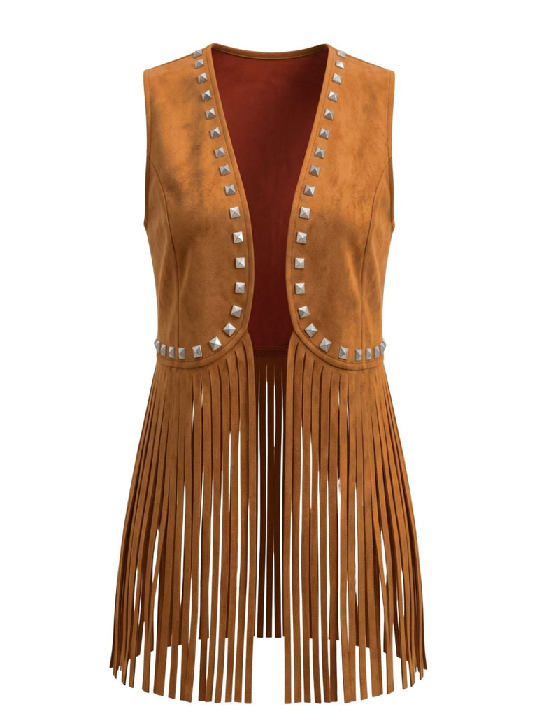 Gilet marron en daim à clous, franges et rivets sans manches années 1960