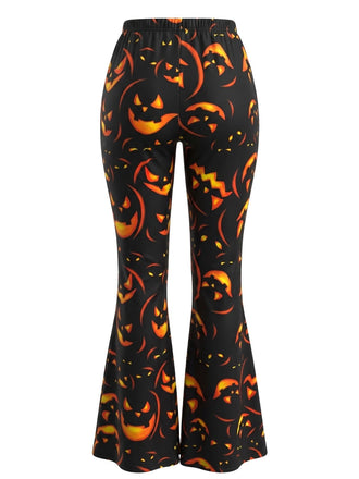 Pantalon noir évasé à imprimé citrouille Jack-o’-lantern d’Halloween années 1960
