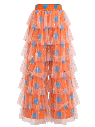 Pantalon disco orange en tulle à pois et volants superposés années 1970