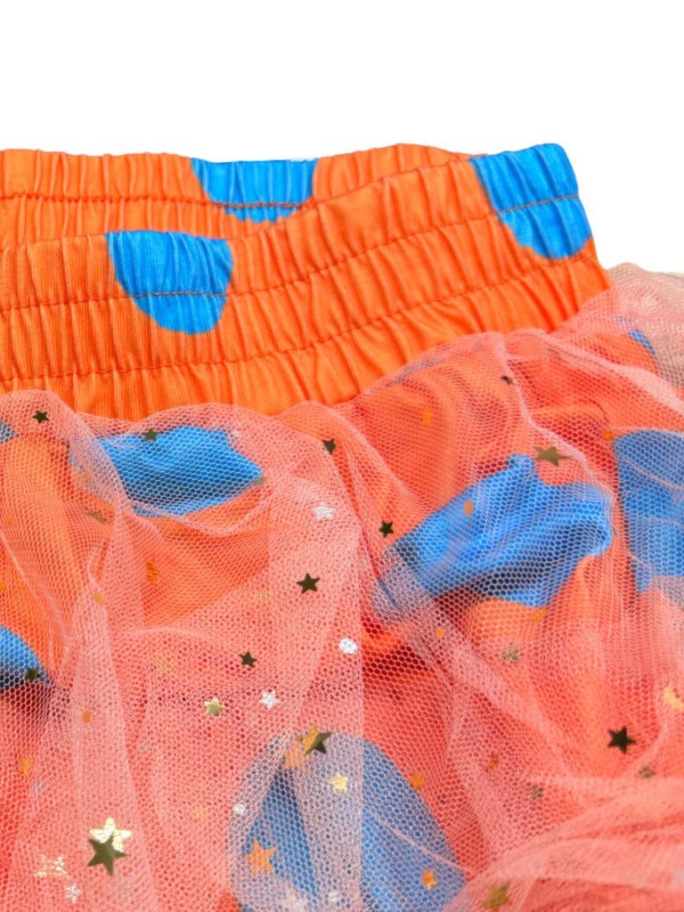 Pantalon disco orange en tulle à pois et volants superposés années 1970