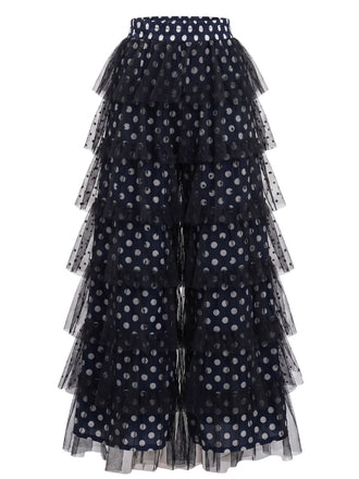 Pantalon noir en tulle à pois et volants étagés années 1960