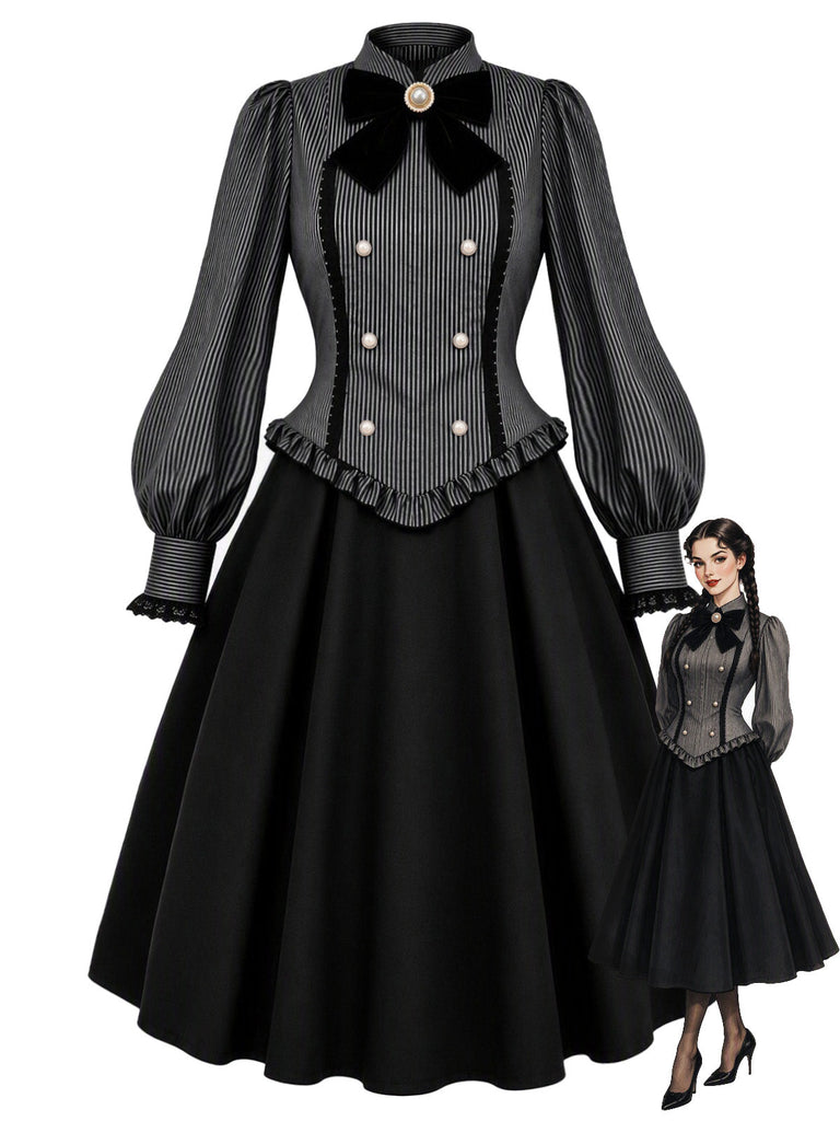 [Prévente] Robe noire à fines rayures, col montant et manches évêque années 1950