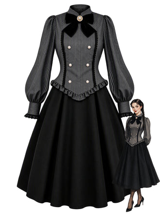[Prévente] Robe noire à fines rayures, col montant et manches évêque années 1950