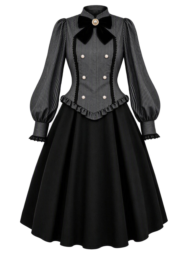 [Prévente] Robe noire à fines rayures, col montant et manches évêque années 1950
