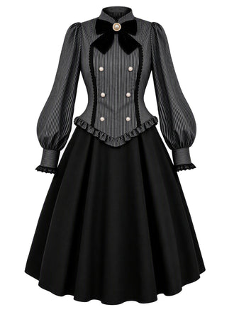[Prévente] Robe noire à fines rayures, col montant et manches évêque années 1950