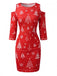 Robe crayon rouge à épaules ajourées et imprimé sapins et flocons de Noël Années 1960 - 2