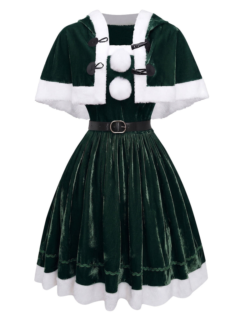 Ensemble robe bustier et cape de Noël en velours vert Années 1950 - 4