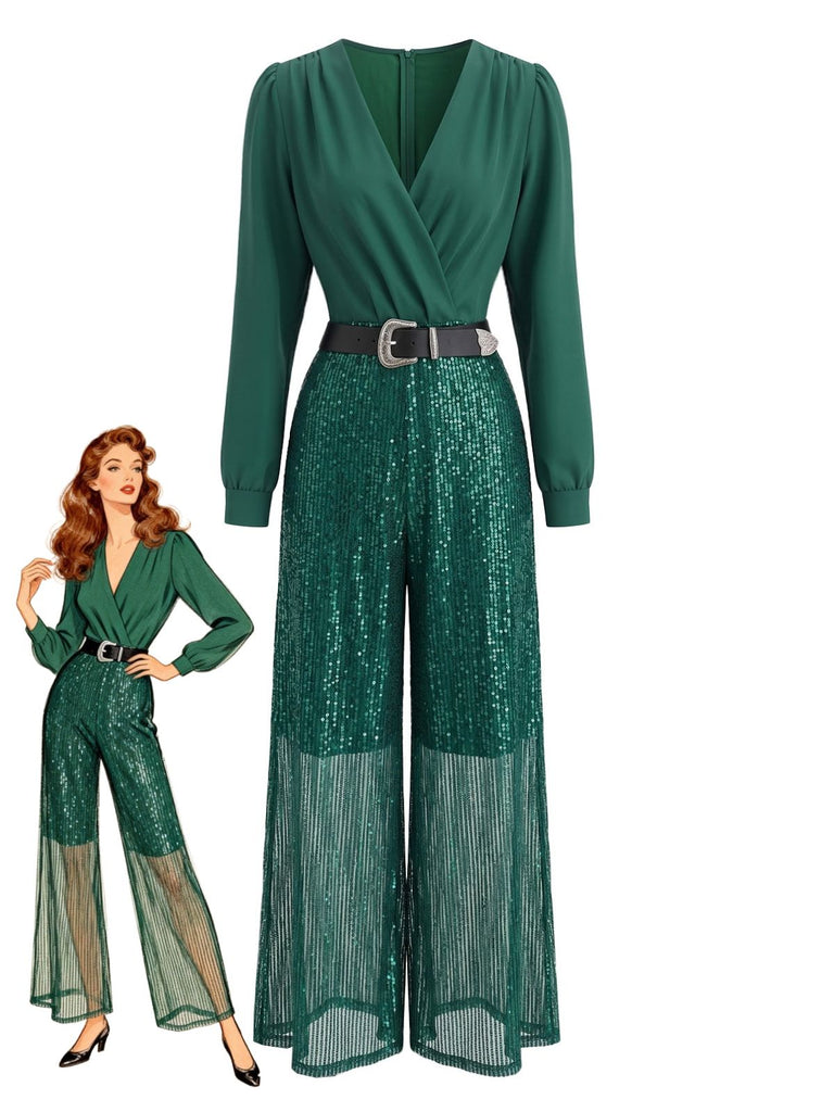 Combinaison à sequins, col V et manches longues Années 1950 - 1