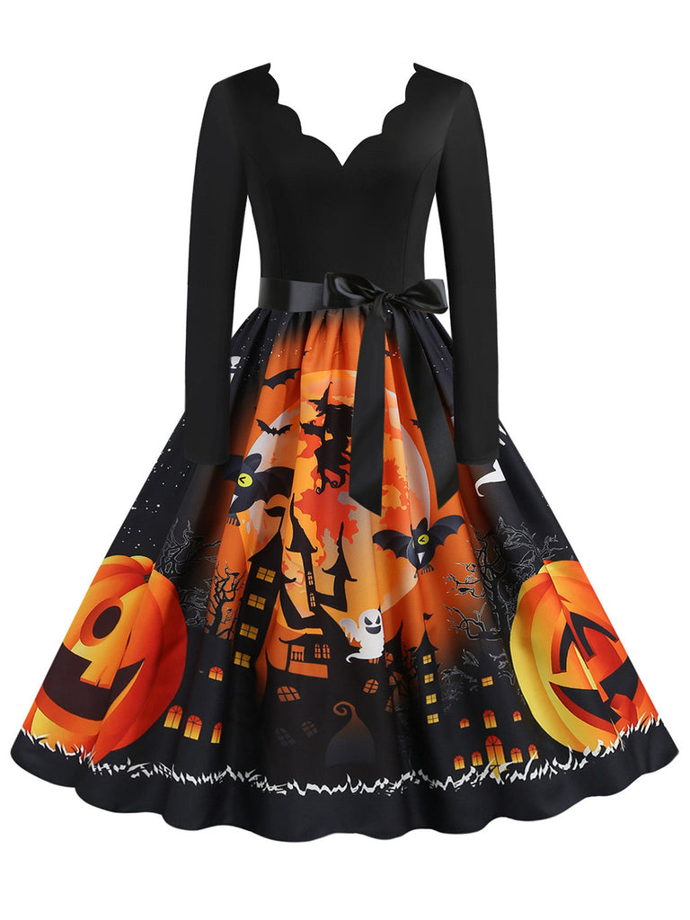 Robe évasée orange d’Halloween à col pétale et manches longues années 1950