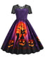 Robe évasée violette d’Halloween à chats et citrouilles années 1950