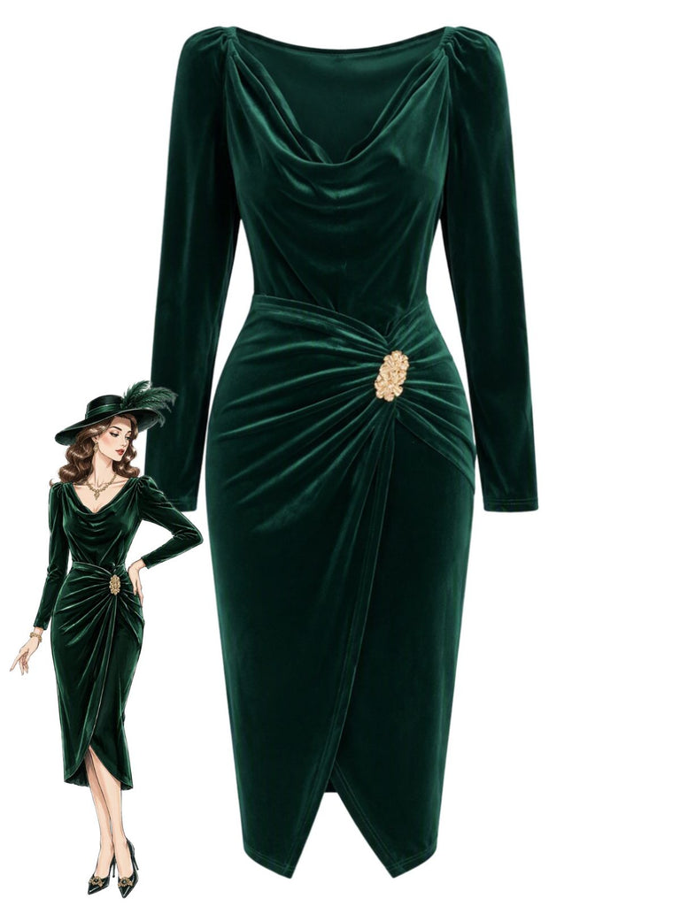 Robe moulante en velours à col drapé et taille drapée froncée Années 1960 - 1