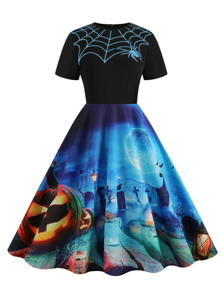 Robe évasée d’Halloween à imprimé toiles d’araignée et citrouilles années 1950