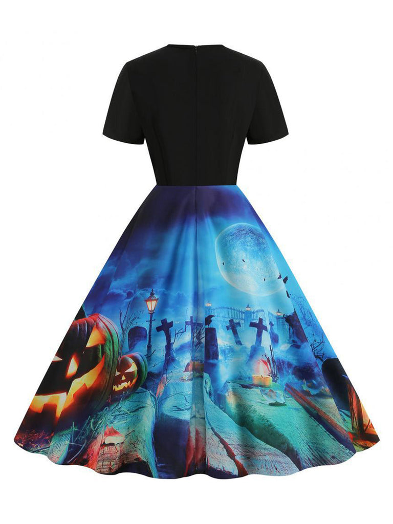 Robe évasée d’Halloween à imprimé toiles d’araignée et citrouilles années 1950