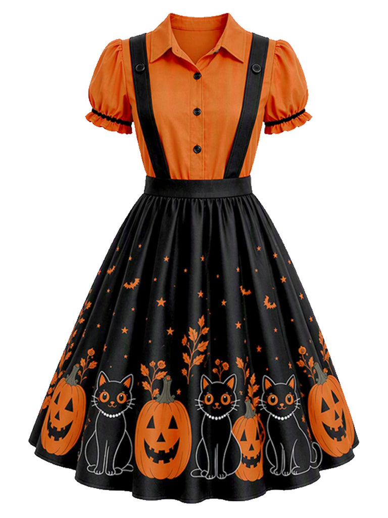 [Prévente] Robe évasée d’Halloween à imprimé citrouilles et effet faux deux-pièces années 1950