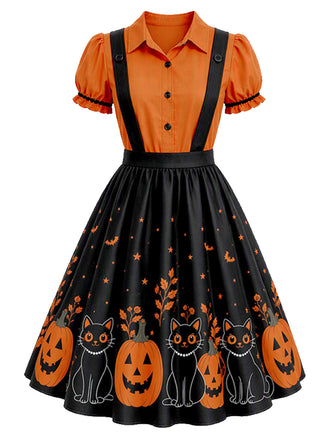 [Prévente] Robe évasée d’Halloween à imprimé citrouilles et effet faux deux-pièces années 1950