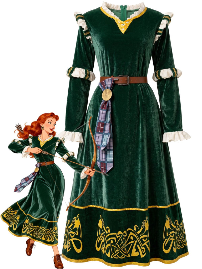 Robe médiévale verte en velours brodé avec ceinture années 1940