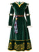 Robe médiévale verte en velours brodé avec ceinture années 1940