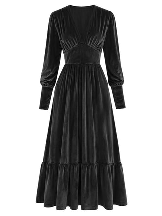 Robe en velours froncé à décolleté V profond et poignets ajustés Années 1970 - 5