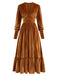 Robe en velours froncé à décolleté V profond et poignets ajustés Années 1970 - 2