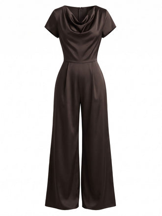 Combinaison marron foncé en satin à col drapé et jambes larges années 1950