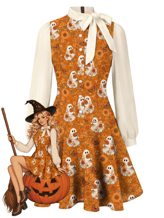 [Prévente] Robe marron d’Halloween à fantômes et fleurs, col à nœud années 1960