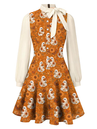 [Prévente] Robe marron d’Halloween à fantômes et fleurs, col à nœud années 1960