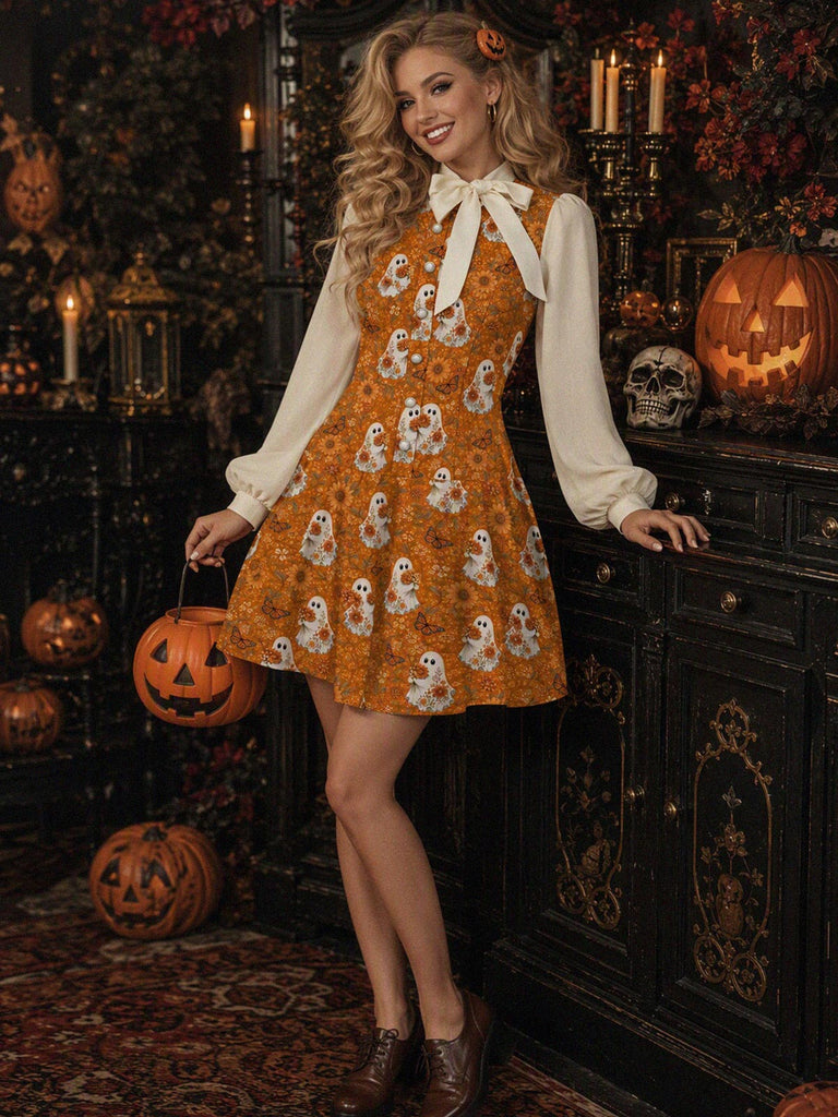 [Prévente] Robe marron d’Halloween à fantômes et fleurs, col à nœud années 1960