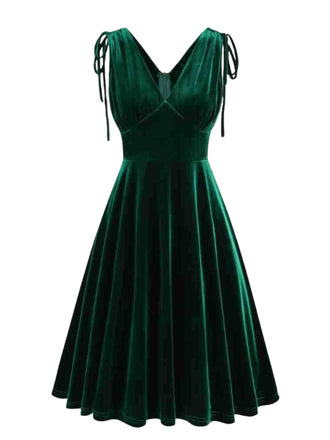 Robe trapèze en velours à col V et bretelles à nouer Années 1960 - 2