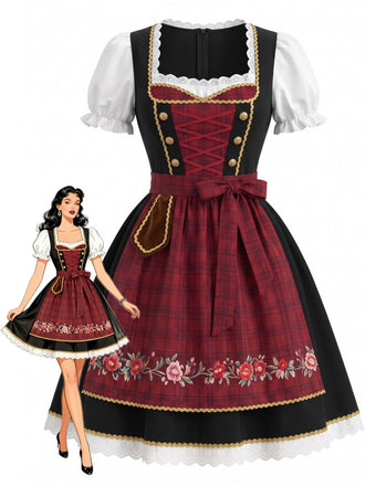 Robe lie-de-vin en dentelle florale à col carré et manches bouffantes avec tablier années 1950