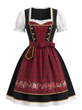 Robe lie-de-vin en dentelle florale à col carré et manches bouffantes avec tablier années 1950
