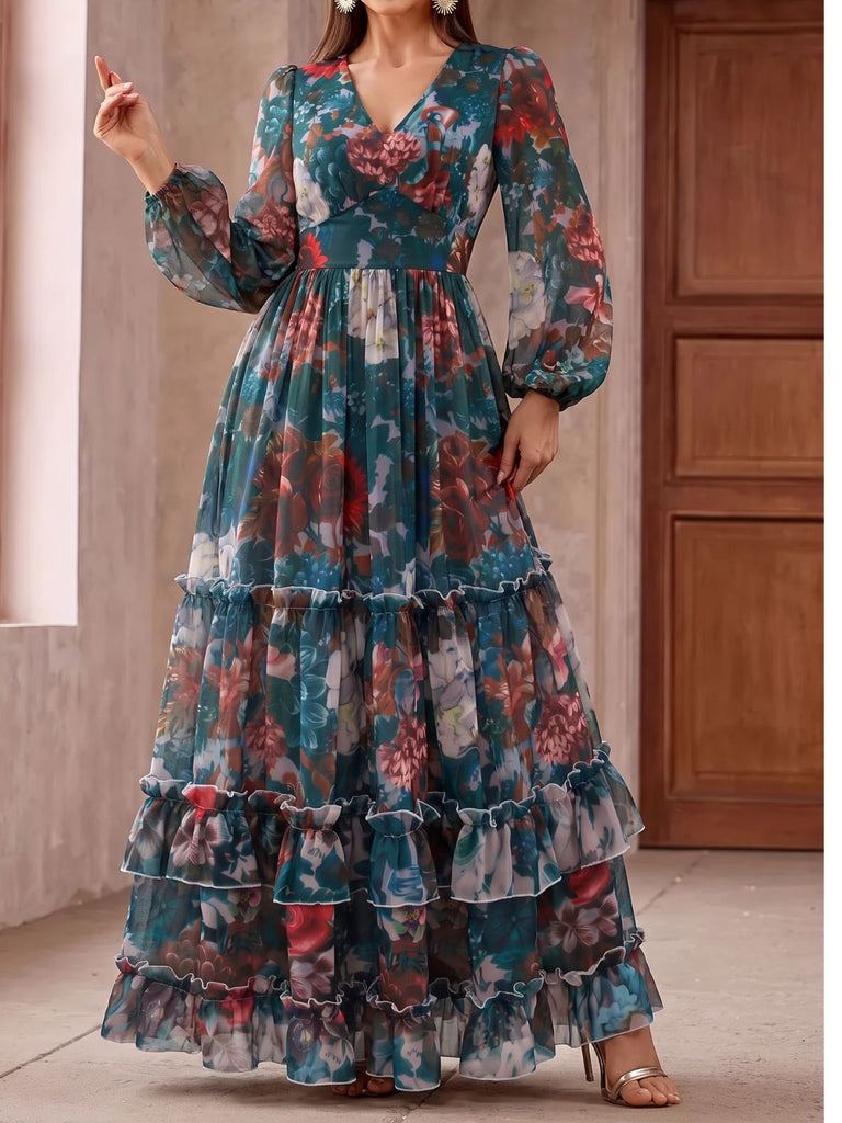 Robe longue florale à étages, col V et manches longues Années 1930 - 3