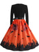 Robe évasée d’Halloween à citrouilles et chauves-souris, col festonné années 1940