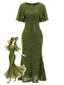 Robe sirène verte à broderies florales à sequins Années 1920