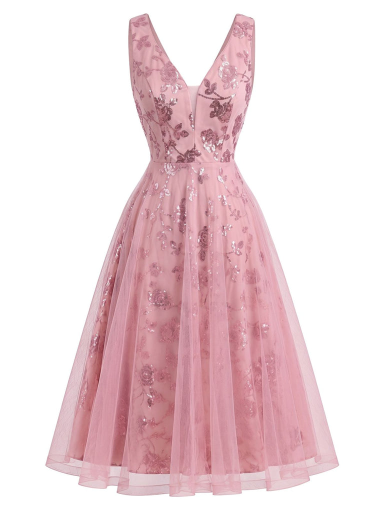 Robe rose en tulle à col V et broderies florales à sequins Années 1950 - 2