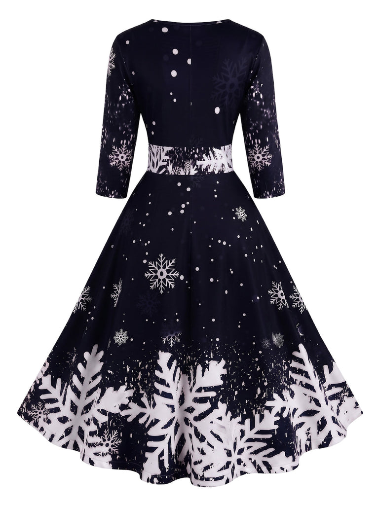 Robe cintrée à manches mi-longues et imprimé flocons de neige Années 1950 - 6
