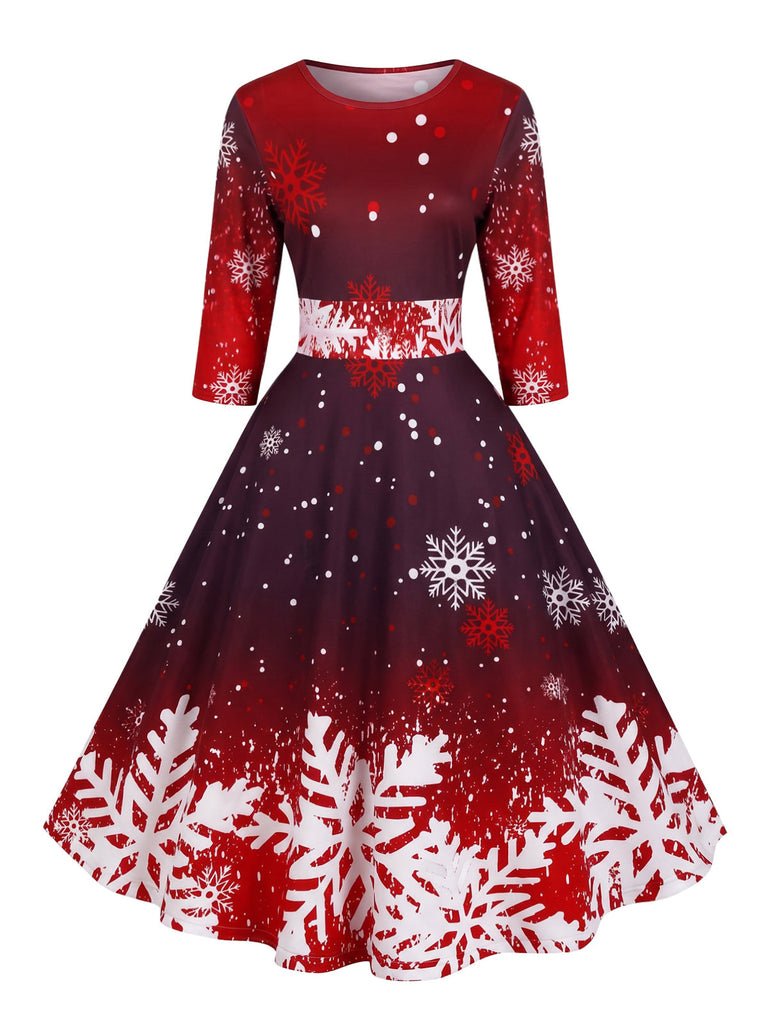 Robe cintrée à manches mi-longues et imprimé flocons de neige Années 1950 - 1