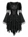 Robe de sorcière gothique noire à poignets de plumes années 1950