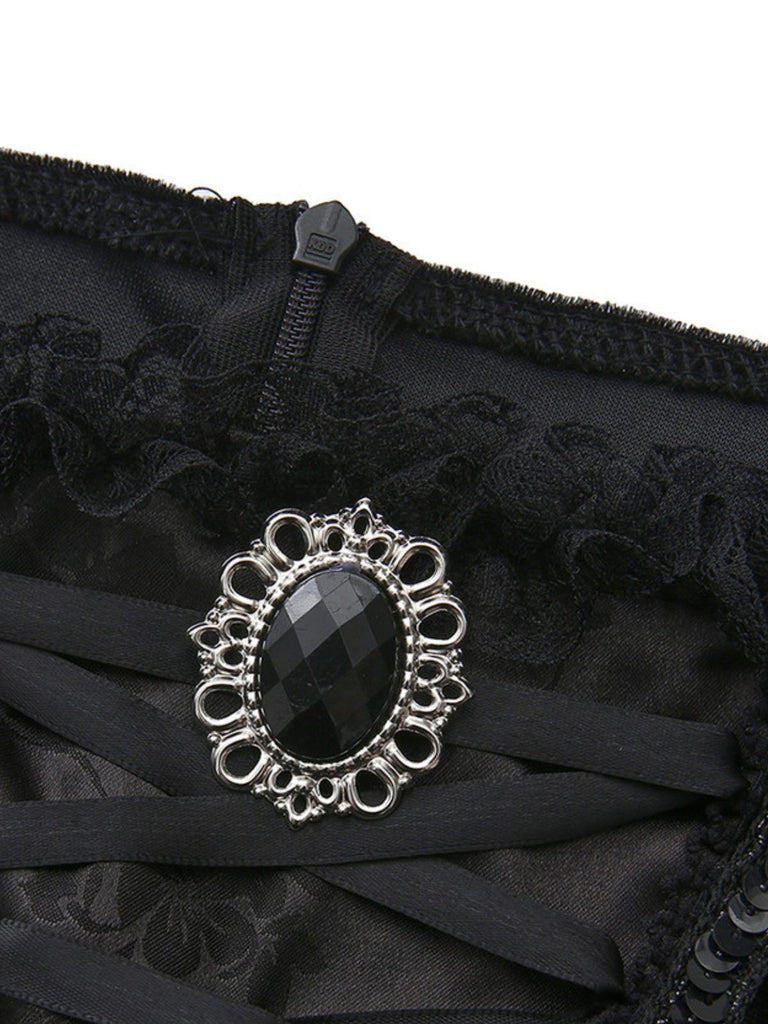 Robe de sorcière gothique noire à poignets de plumes années 1950