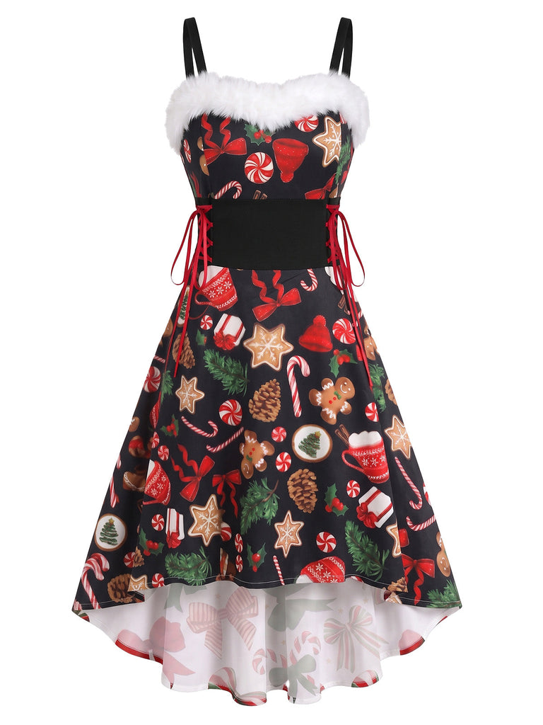 Robe à épaules dénudées, nœud et bordure en fourrure à imprimé de Noël Années 1950 - 2