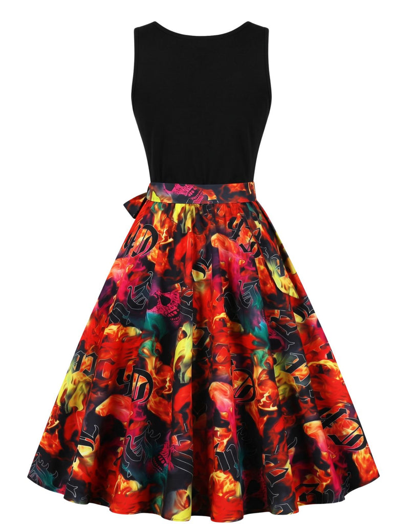Robe d’Halloween à citrouilles et crânes, sans manches et ceinturée années 1950