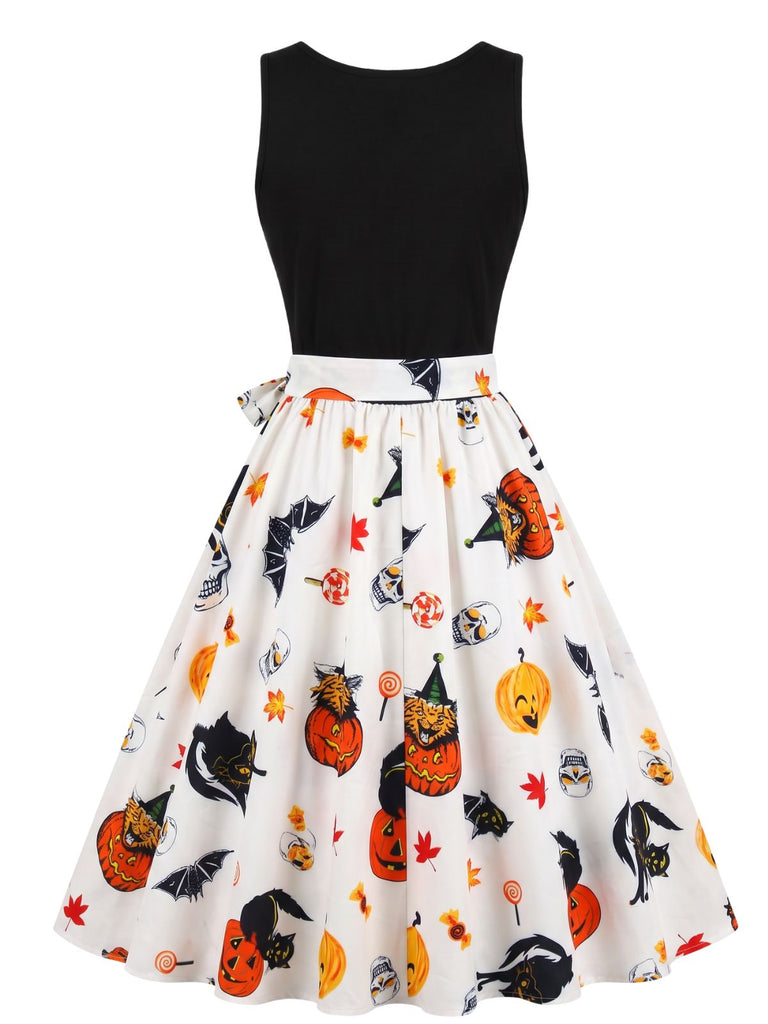 Robe d’Halloween à citrouilles et crânes, sans manches et ceinturée années 1950