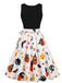 Robe d’Halloween à citrouilles et crânes, sans manches et ceinturée années 1950