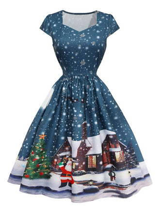 Robe midi Noël bleu foncé motif Père Noël années 1950