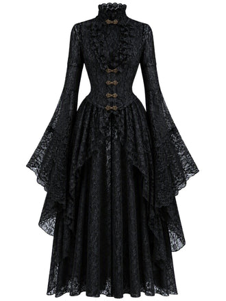 Robe médiévale en dentelle à col haut et manches évasées Années 1940 - 3