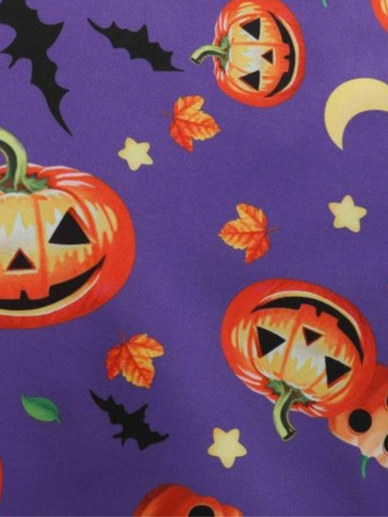 Robe d’Halloween à col rond, ceinture et imprimé citrouilles, étoiles et chauves-souris Années 1950 - 3