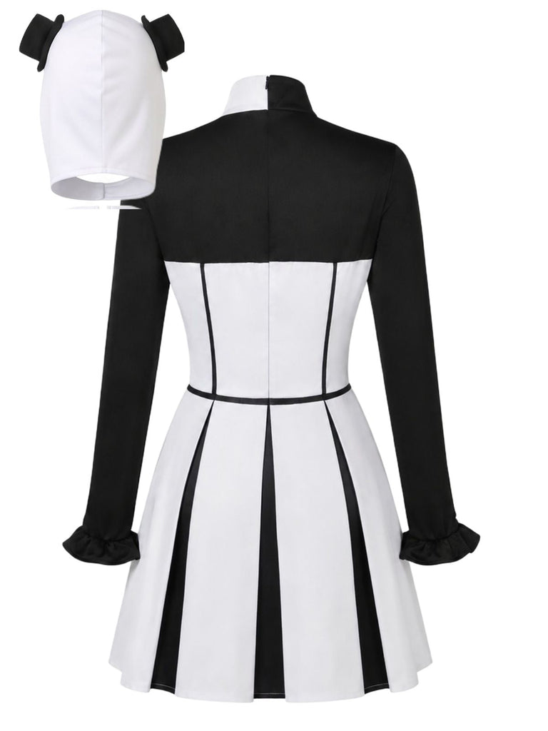 Robe noire et blanche de clown effrayant pour Halloween avec coiffe Années 1960 - 3