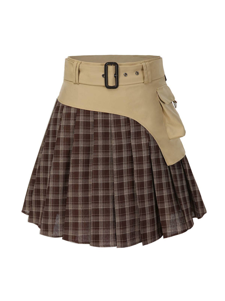 2PCS Veste patchwork à carreaux et jupe plissée kaki et marron années 1960